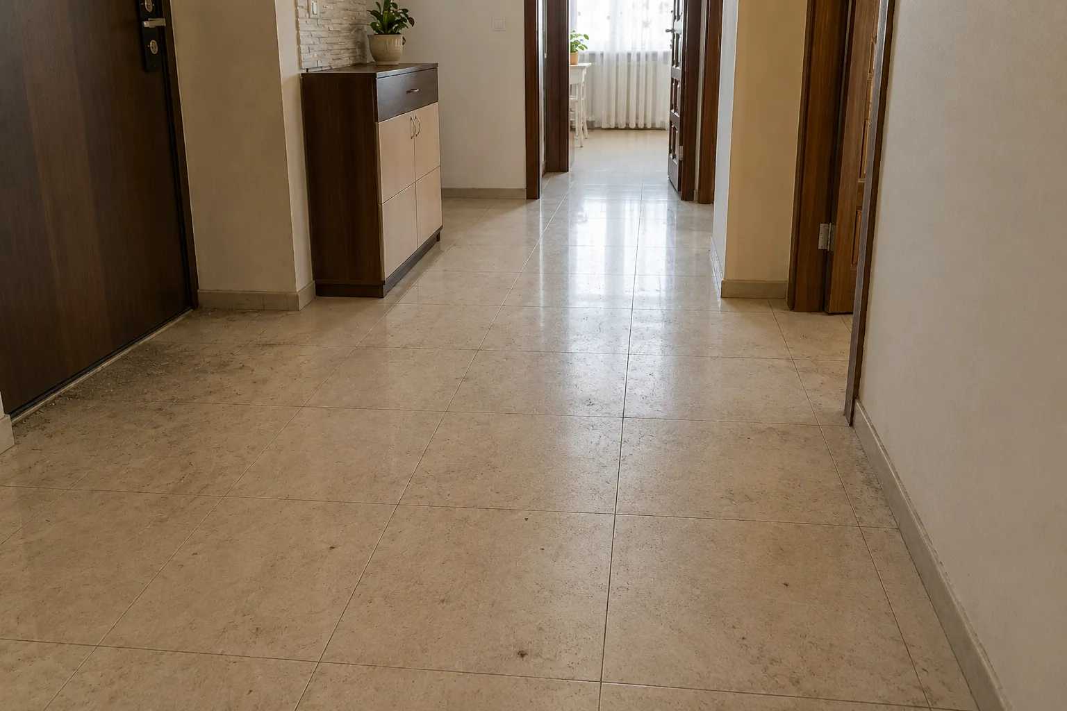 Чистка плитки в коридоре — до