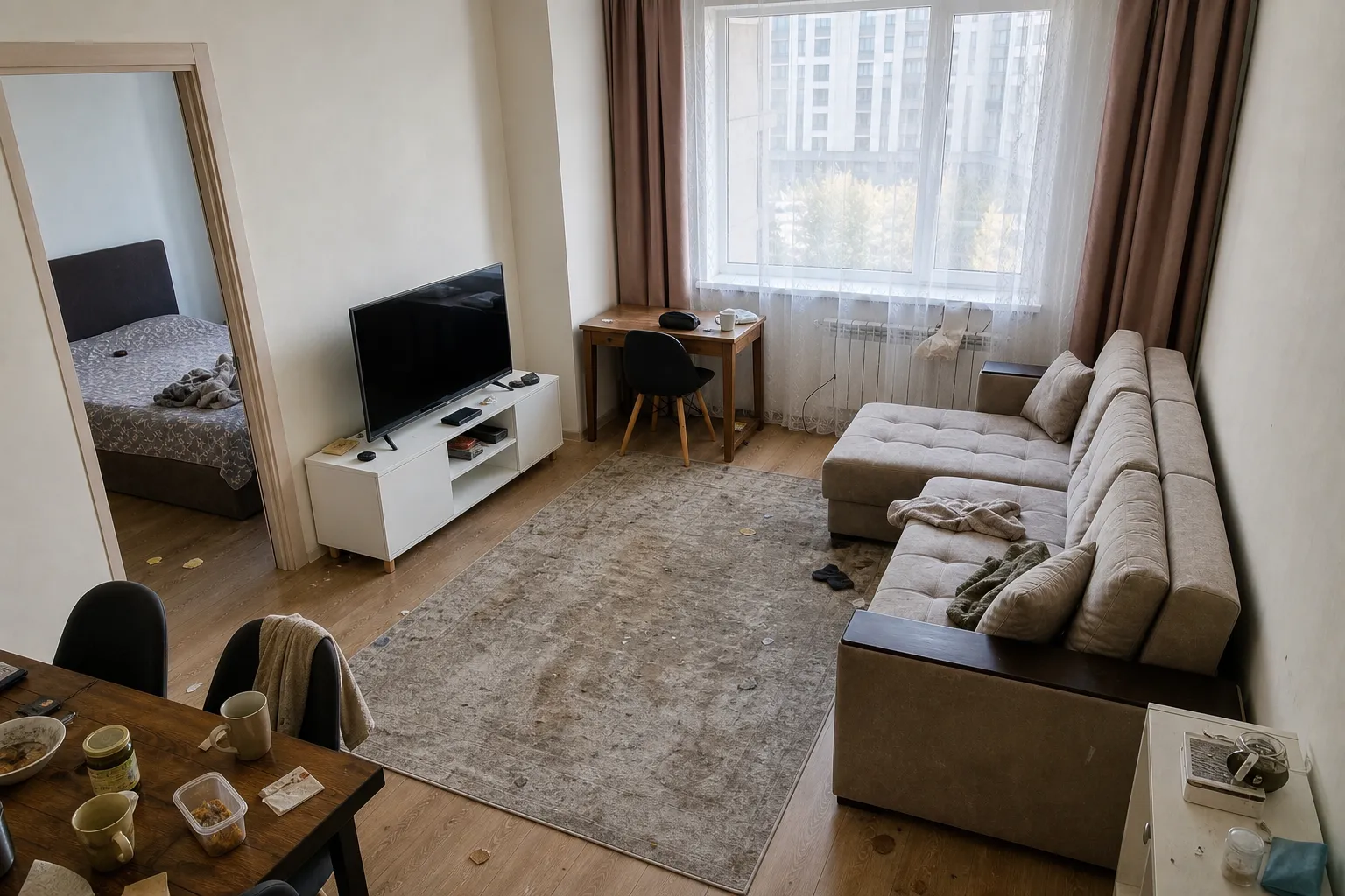 Living room in a rental apartment after a cat — before