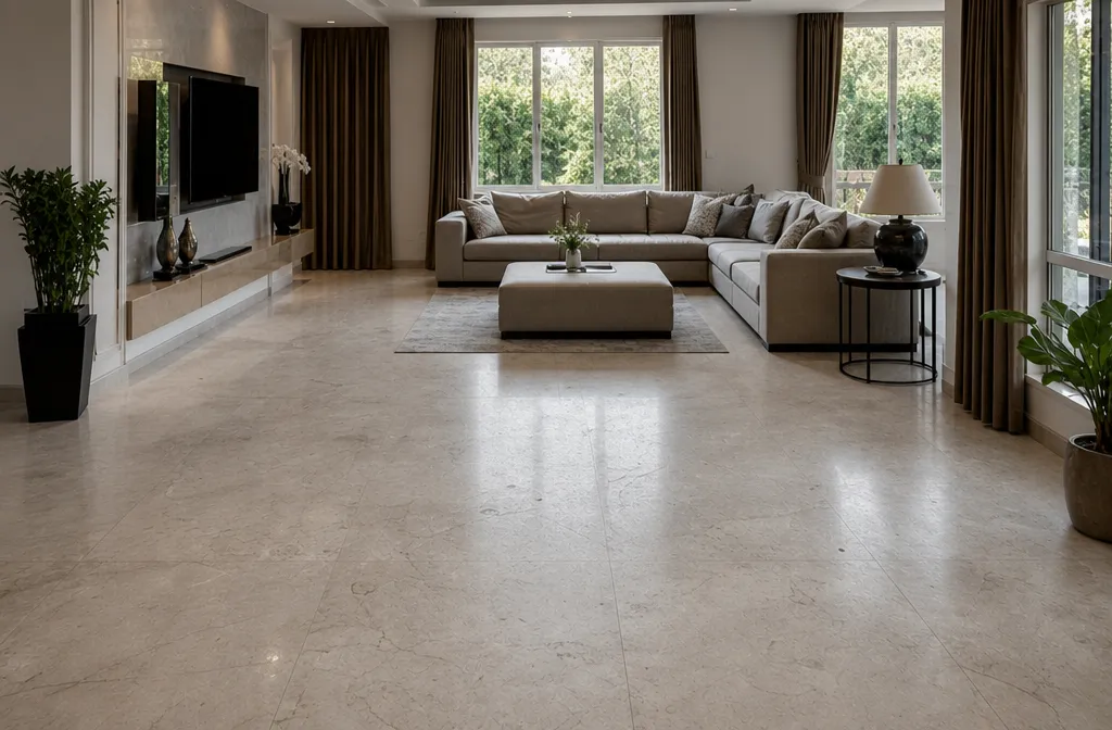 Полировка мраморного пола в гостиной — до