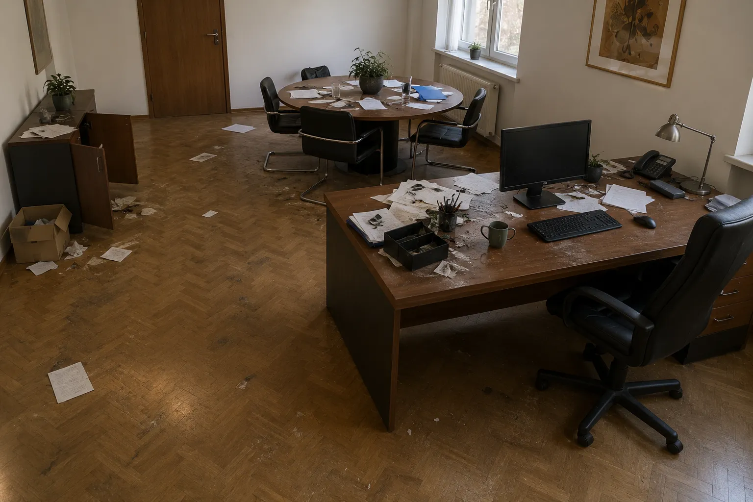 Офис — паркет после интенсивной нагрузки — до