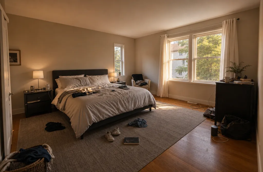 Рулонные шторы в спальне — до